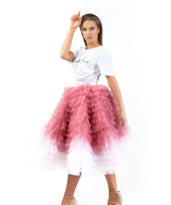 Pink with white tulle ruffle skirt