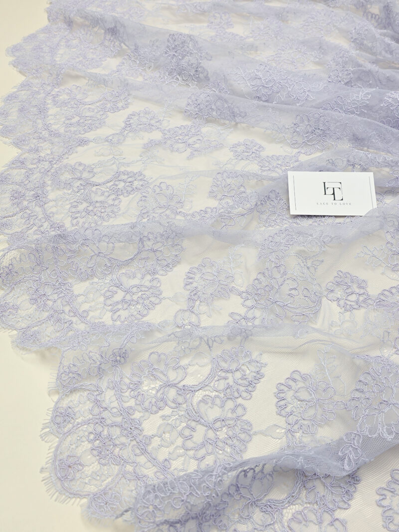 Light purple French Chantilly bridal lace fabric buy online by the meter