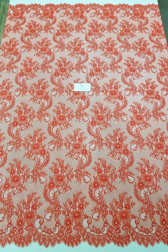 Red orange Chantilly lace fabric