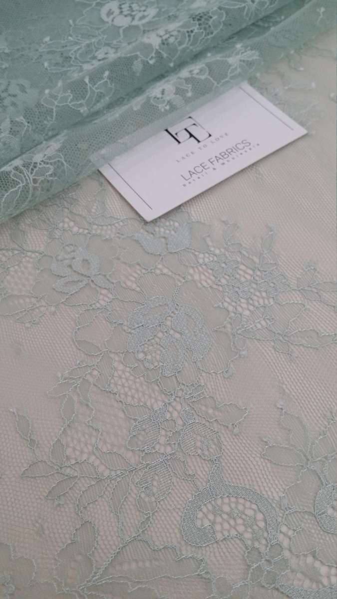 Mint green Chantilly lace fabric - Lace To Love