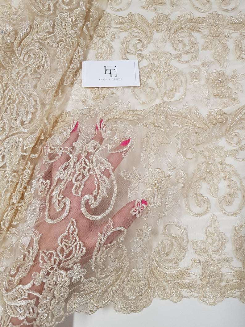 Beaded beige lace fabric - Lace To Love