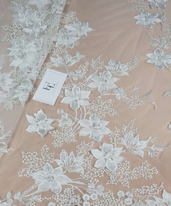 Beaded embroidered 3D ivory lace fabric