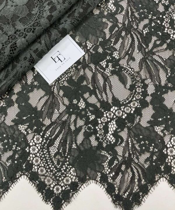 Greenish gray Chantilly lace fabric