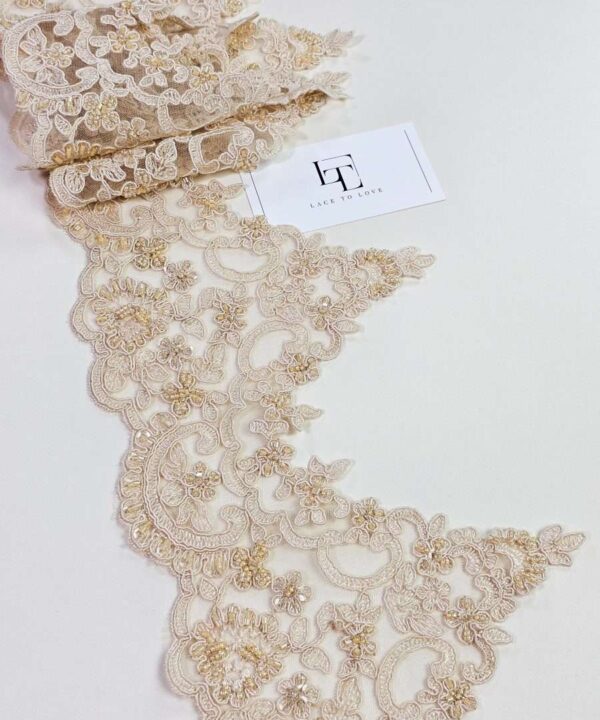Beige beaded embroidery lace fabric trim sold by the yard