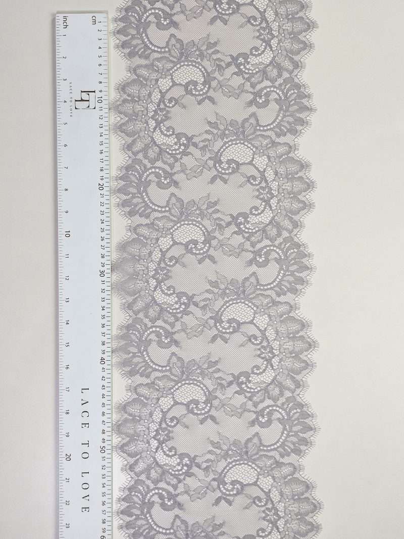 Grey French Chantilly lace trimming buy online by the meter