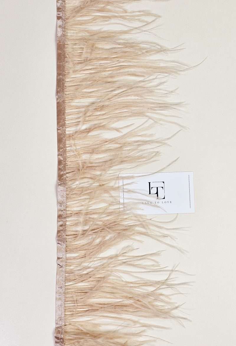 Beige ostrich feather fringe on a ribbon