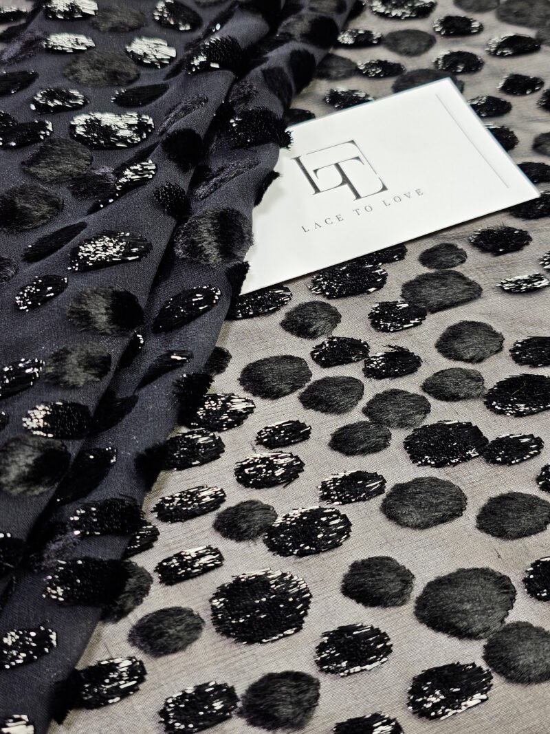 Black silk chiffon fabric embroidered with polka dots