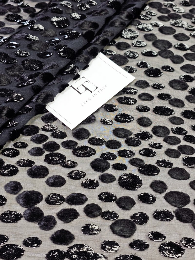 Black delicate silk chiffon polka dot fabric