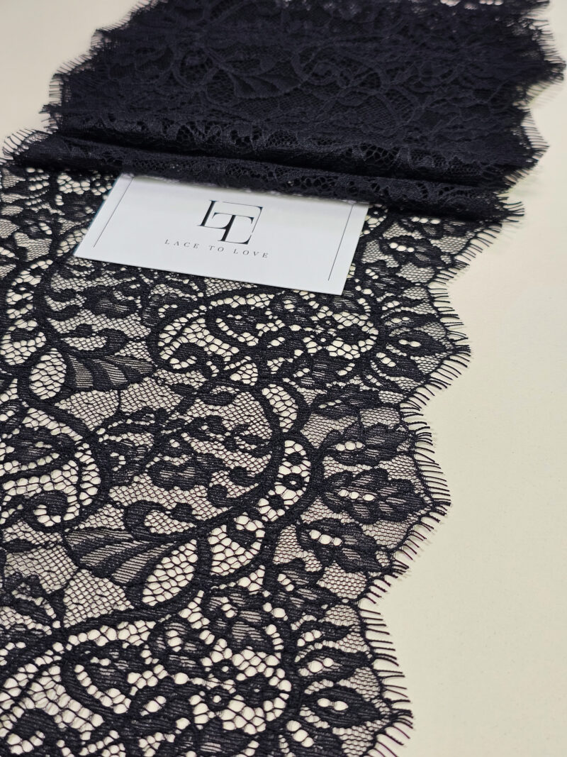 Black French Chantilly lace trimming buy online by the meter
