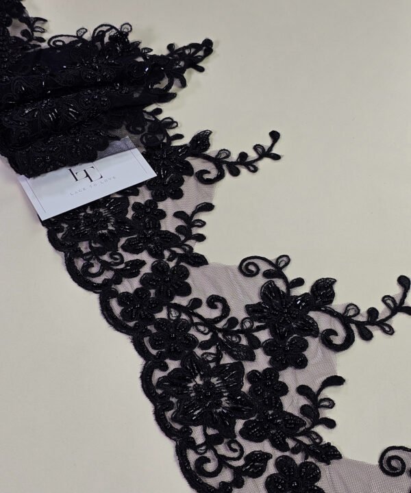 Black beaded embroidery lace fabric trim sold by the yard