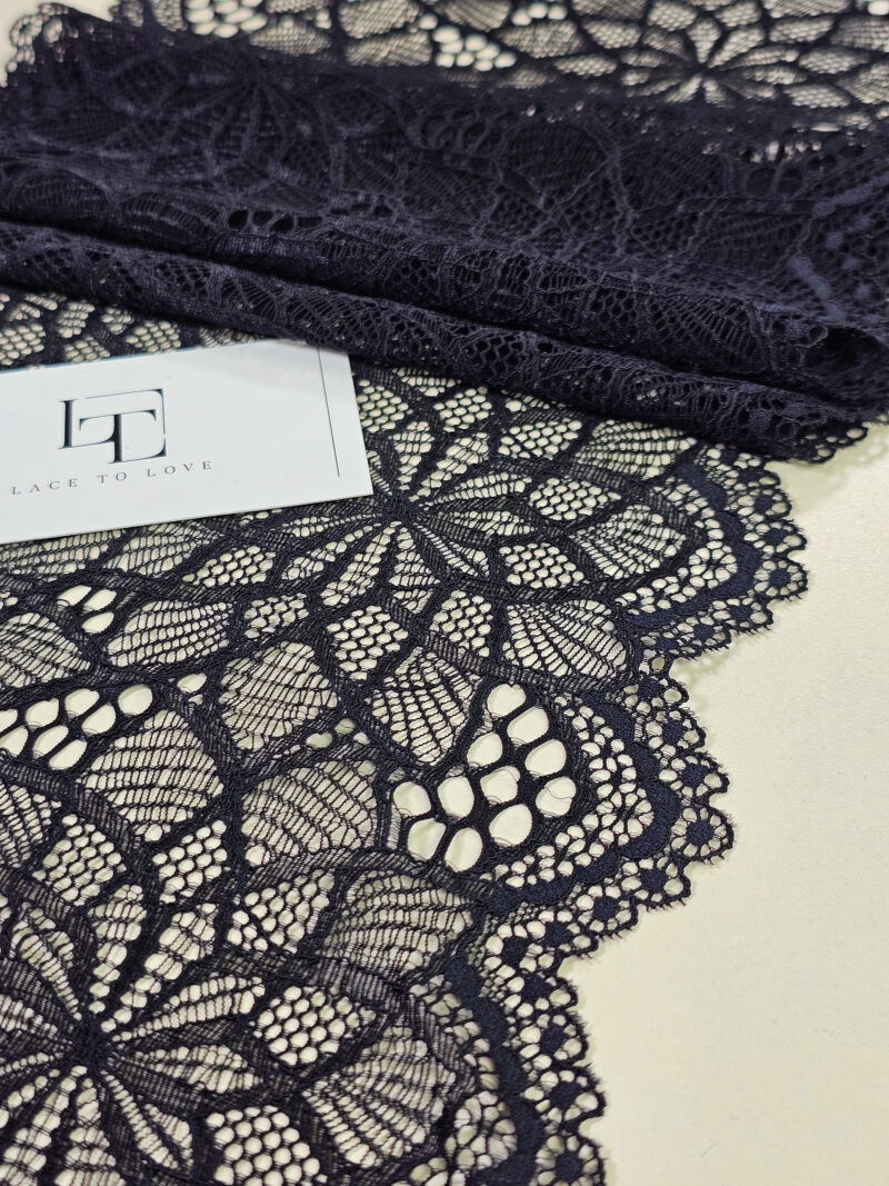 Black elastic stretch geometric lace trimming fabric buy online by the meter