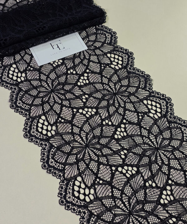 Black geometric stretch lace ribbon sold by the yard