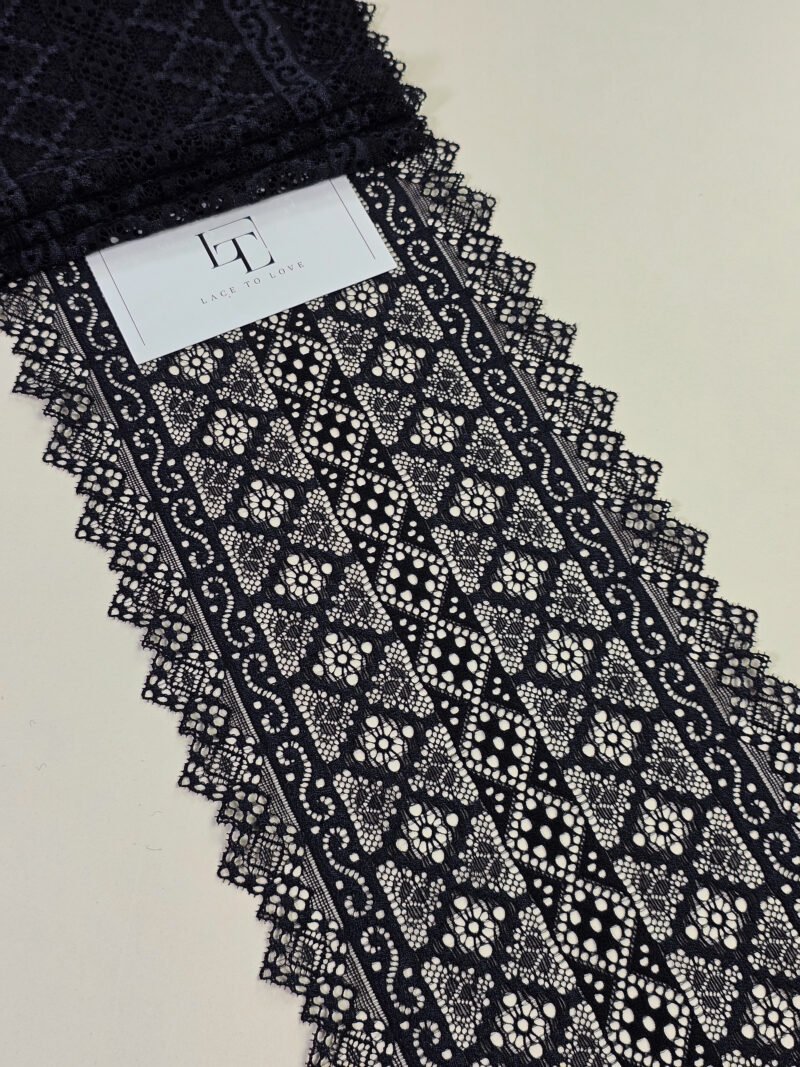 Black geometric stretch lace ribbon sold by the yard