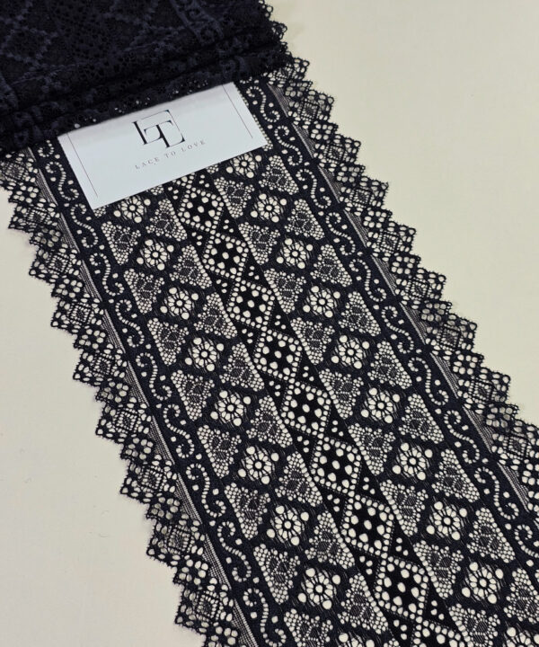 Black geometric stretch lace ribbon sold by the yard