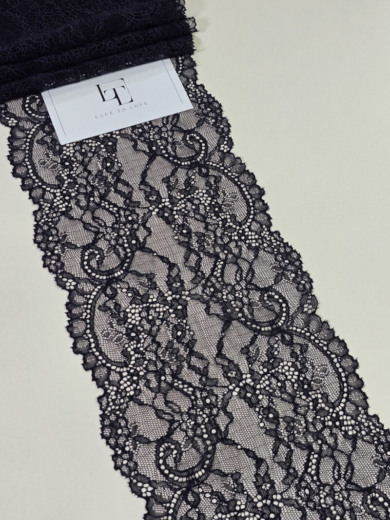 Black elastic stretch lace trimming fabric buy online by the meter