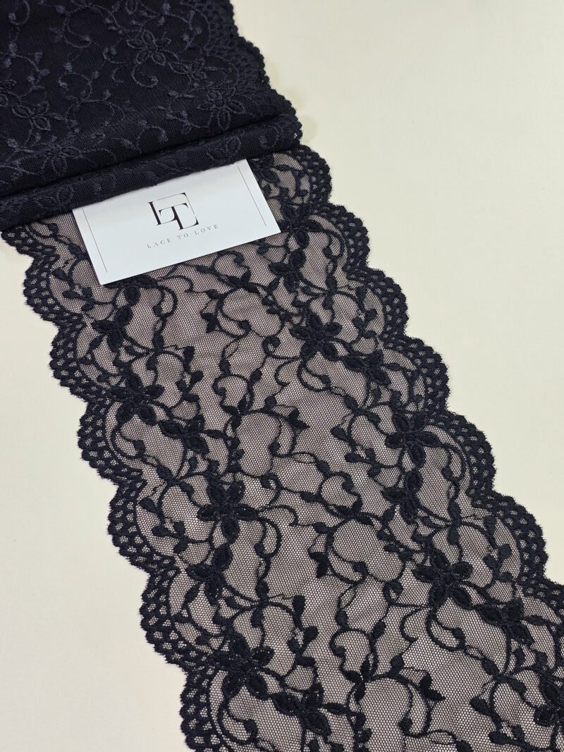 Black elastic stretch lace trimming fabric buy online by the meter