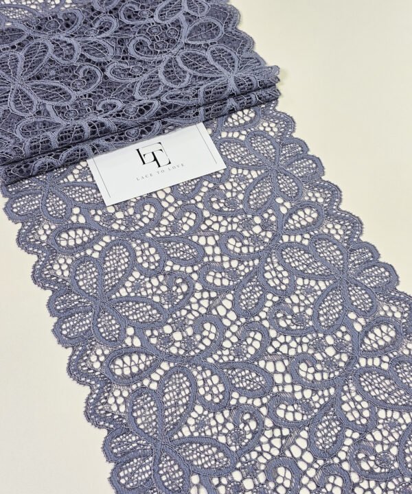 Gray geometric stretch lace ribbon sold by the yard