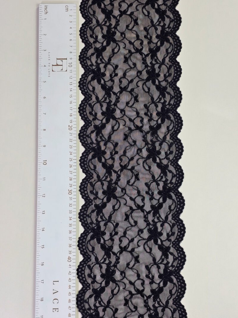 Black stretch lace trim fabric sold by the meter online shop