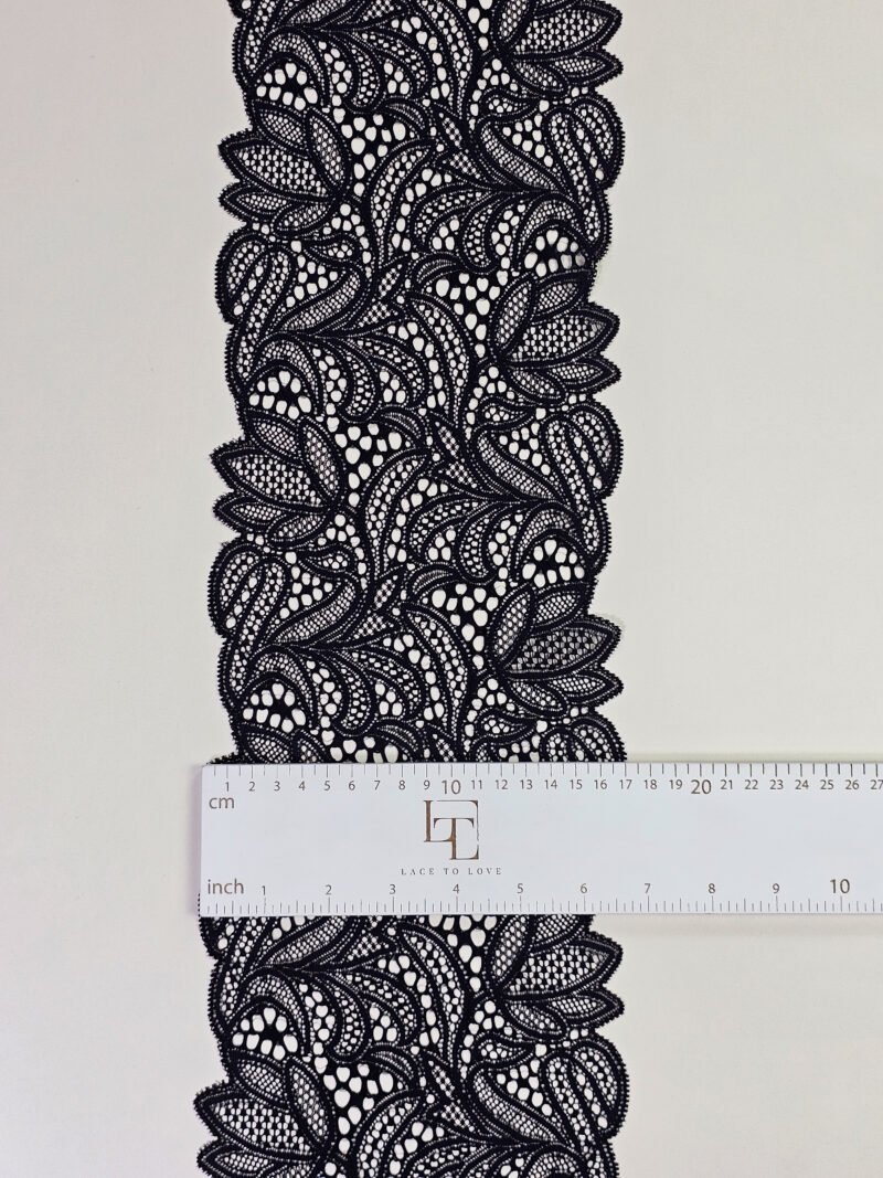 Black stretch lace trim fabric sold by the meter online shop