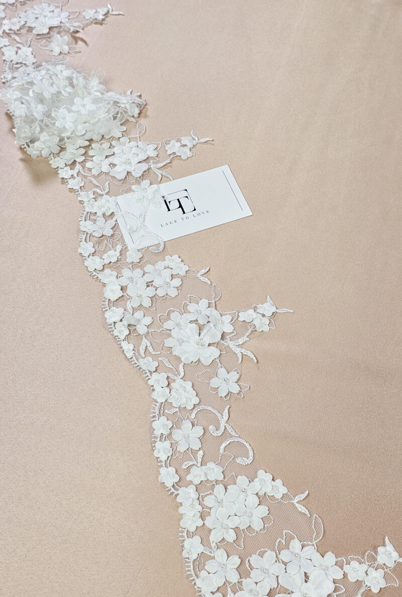 Off white beaded 3D embroidery lace fabric trim sold by the yard