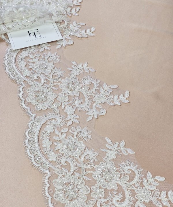 Off white beaded embroidery lace fabric trim sold by the yard