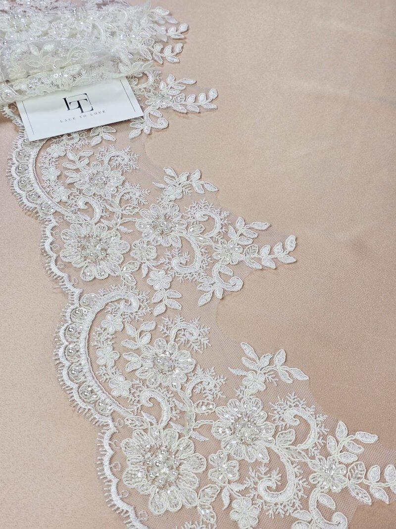 Off white beaded embroidery lace fabric trim sold by the yard