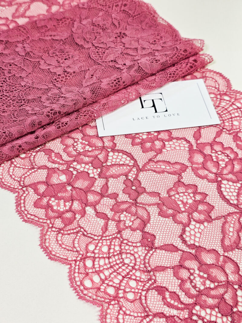 Pink stretch lace trim fabric sold by the meter online shop