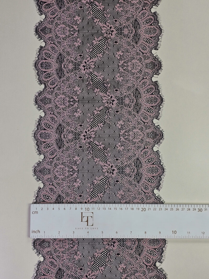 Pink black stretch lace ribbon sold by the yard