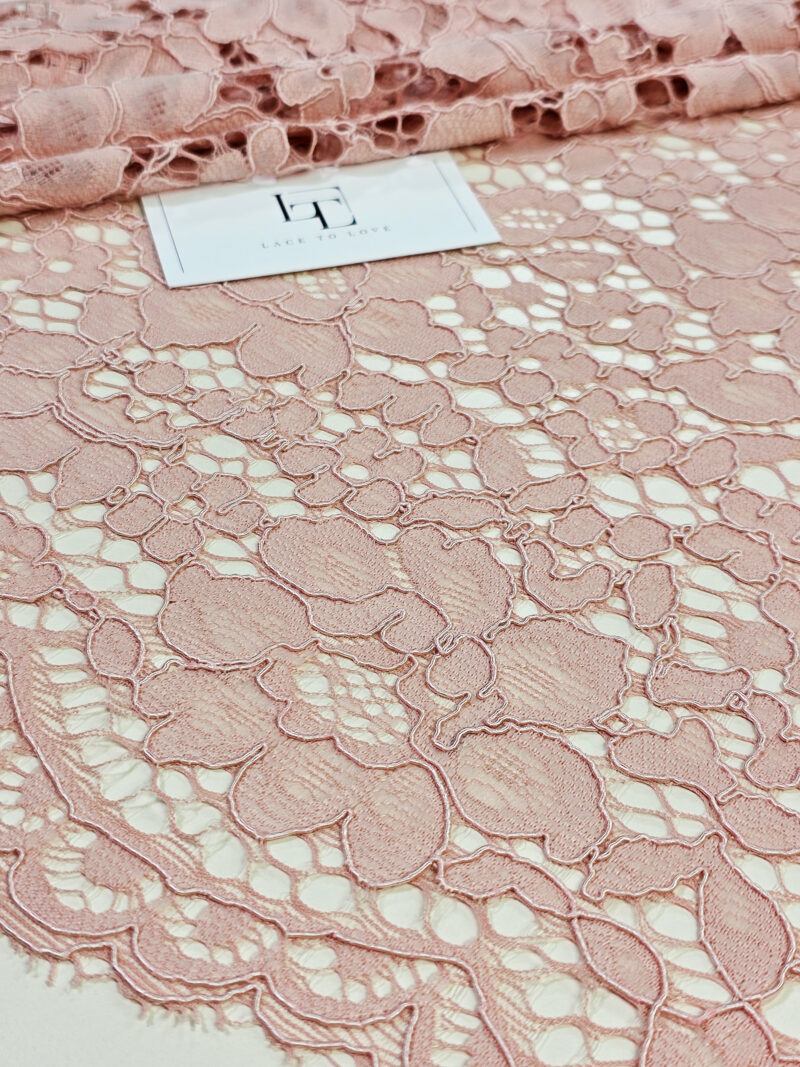 Salmon pink Spanish Alencon eyelash lace fabric buy online by the meter