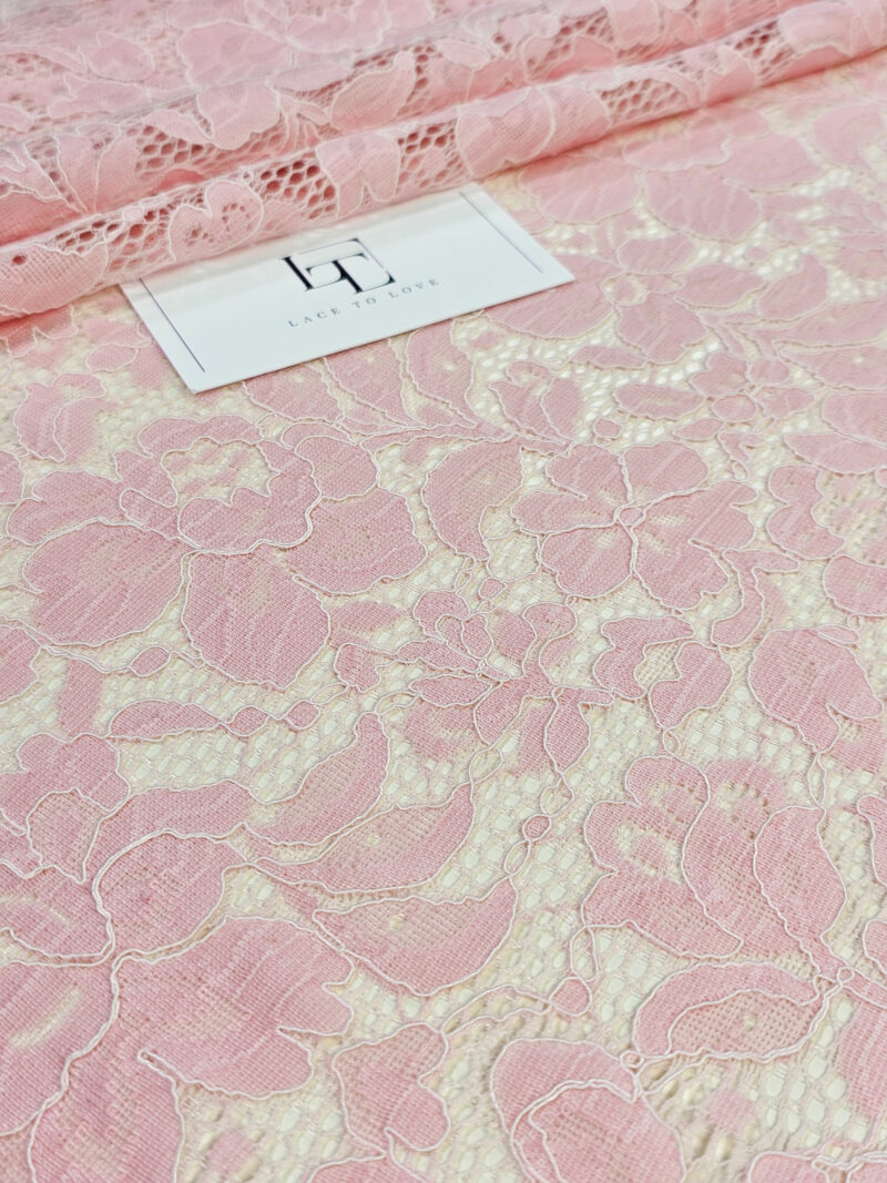 Baby pink Spanish Alencon eyelash lace fabric buy online by the meter