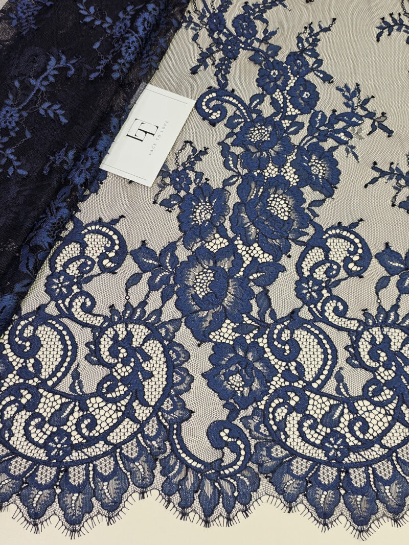 Black blue French Chantilly lace fabric buy online by the meter