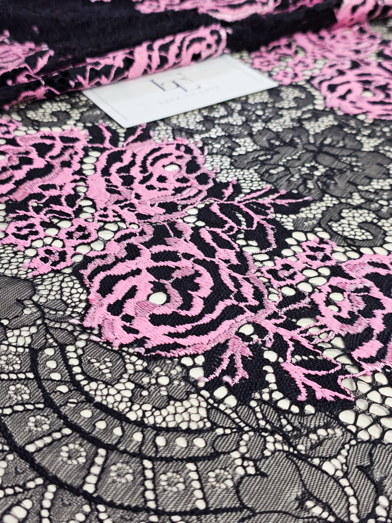 Black pink French Chantilly lace fabric buy online by the meter