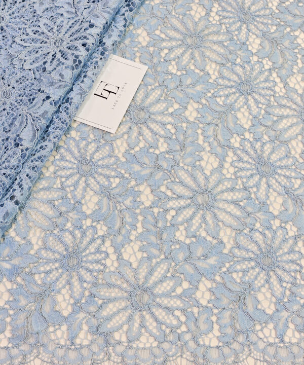 Light blue Spanish Alencon lace fabric buy online by the meter