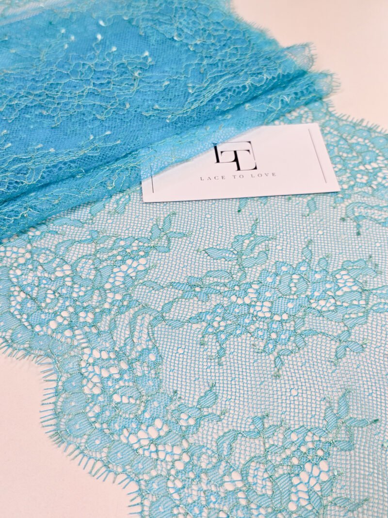 Turquoise blue French Chantilly lace trimming buy online by the meter