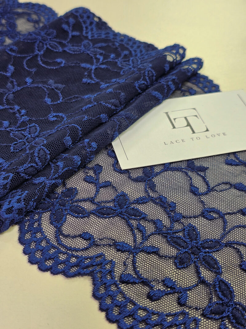 Blue stretch lace ribbon sold by the yard