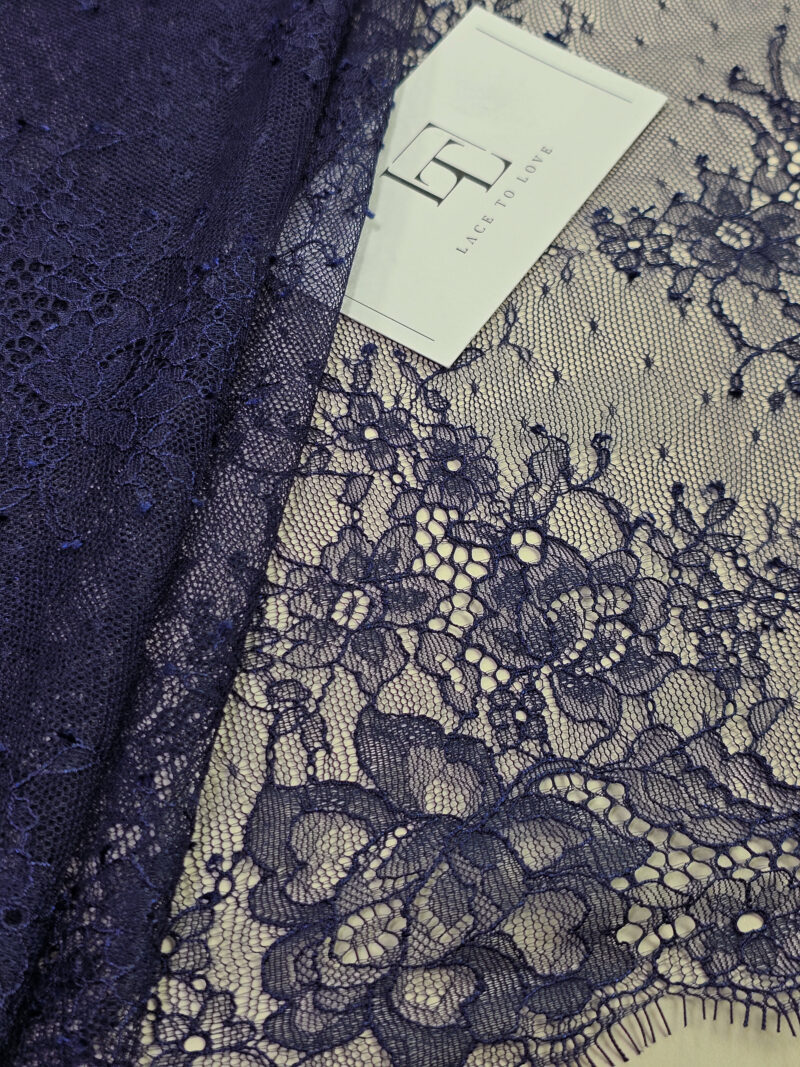Dark Blue French Chantilly bridal lace fabric buy online by the meter