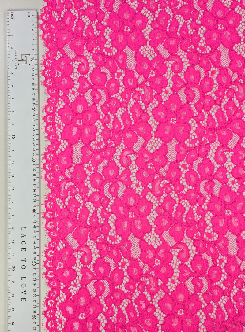 Neon pink Spanish Alencon eyelash lace fabric buy online by the meter
