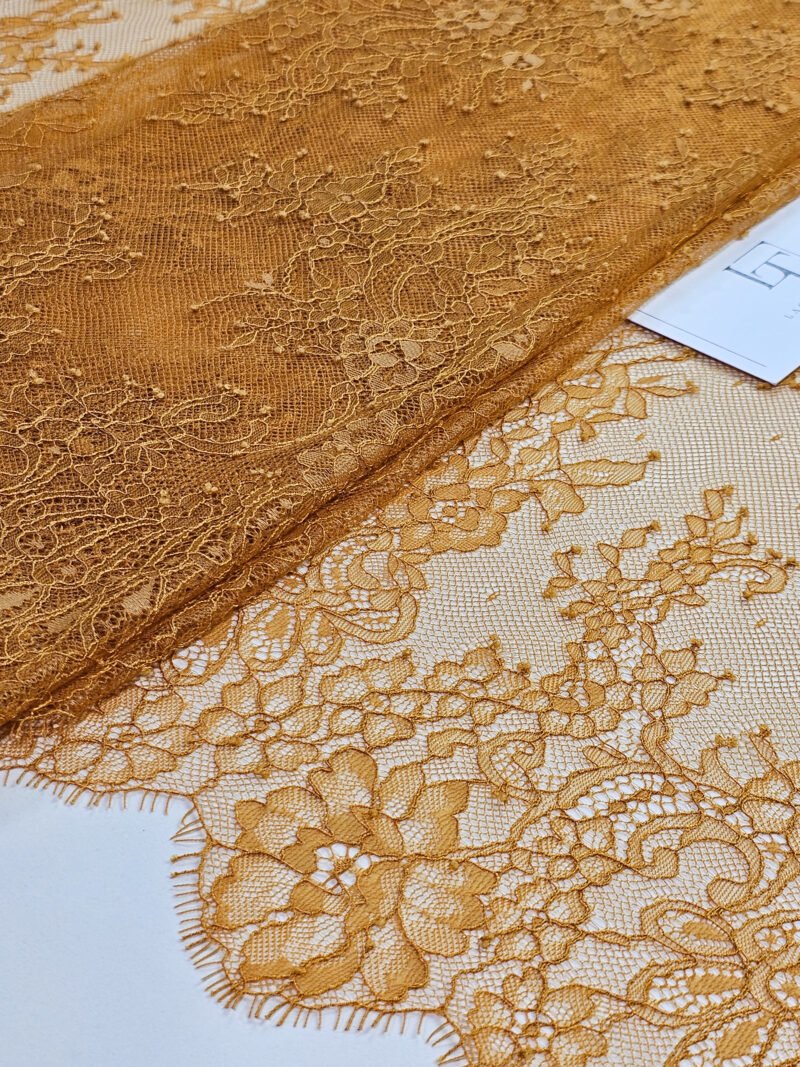 Mustard brown Chantilly eyelash lace trim fabric europe