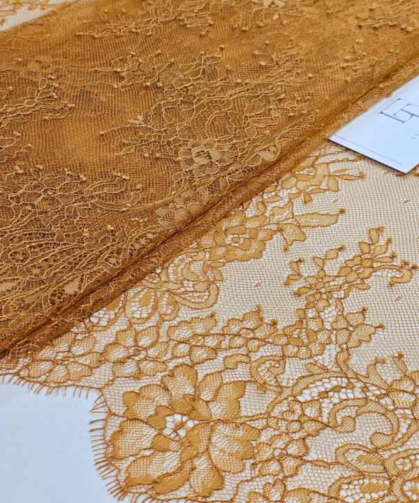 Mustard brown Chantilly eyelash lace trim fabric europe