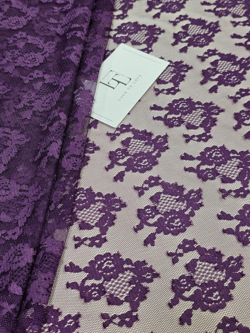 Dark purple French Chantilly lace fabric buy online by the meter