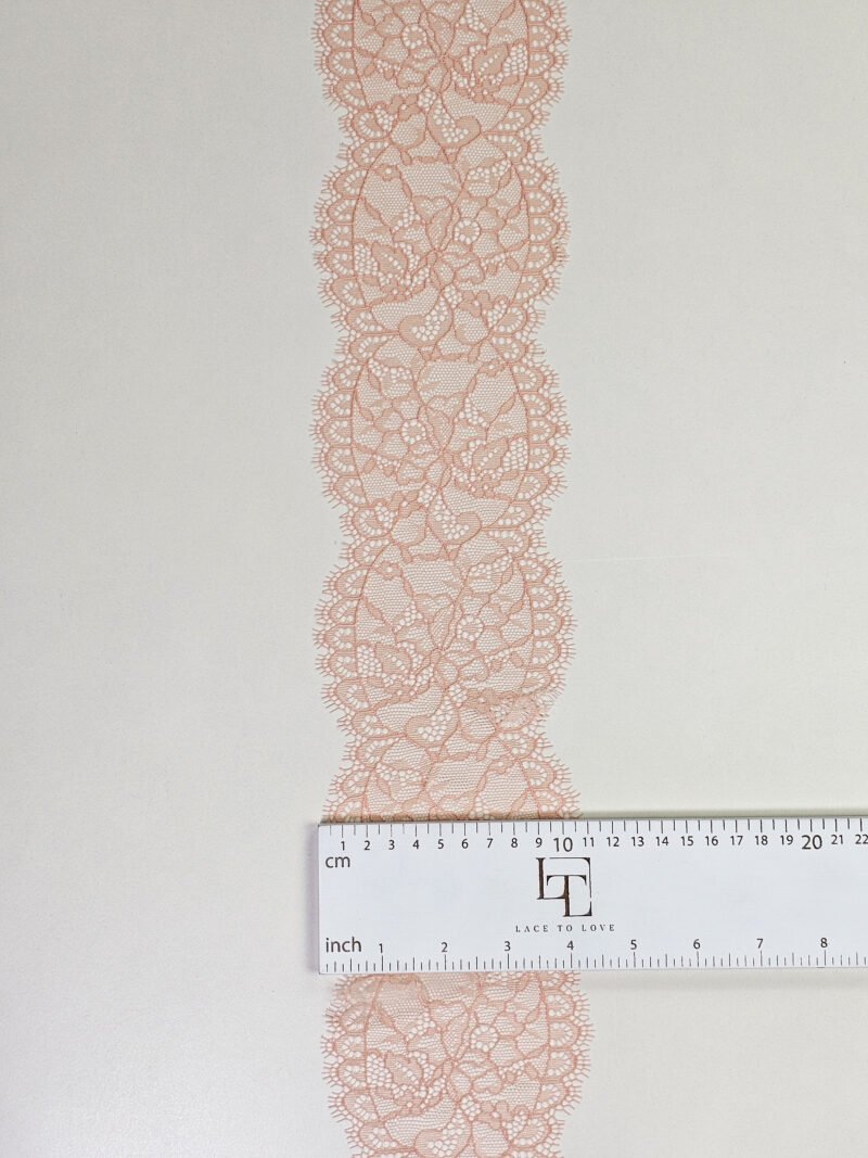 Salmon pink French Chantilly lace trimming buy online by the meter