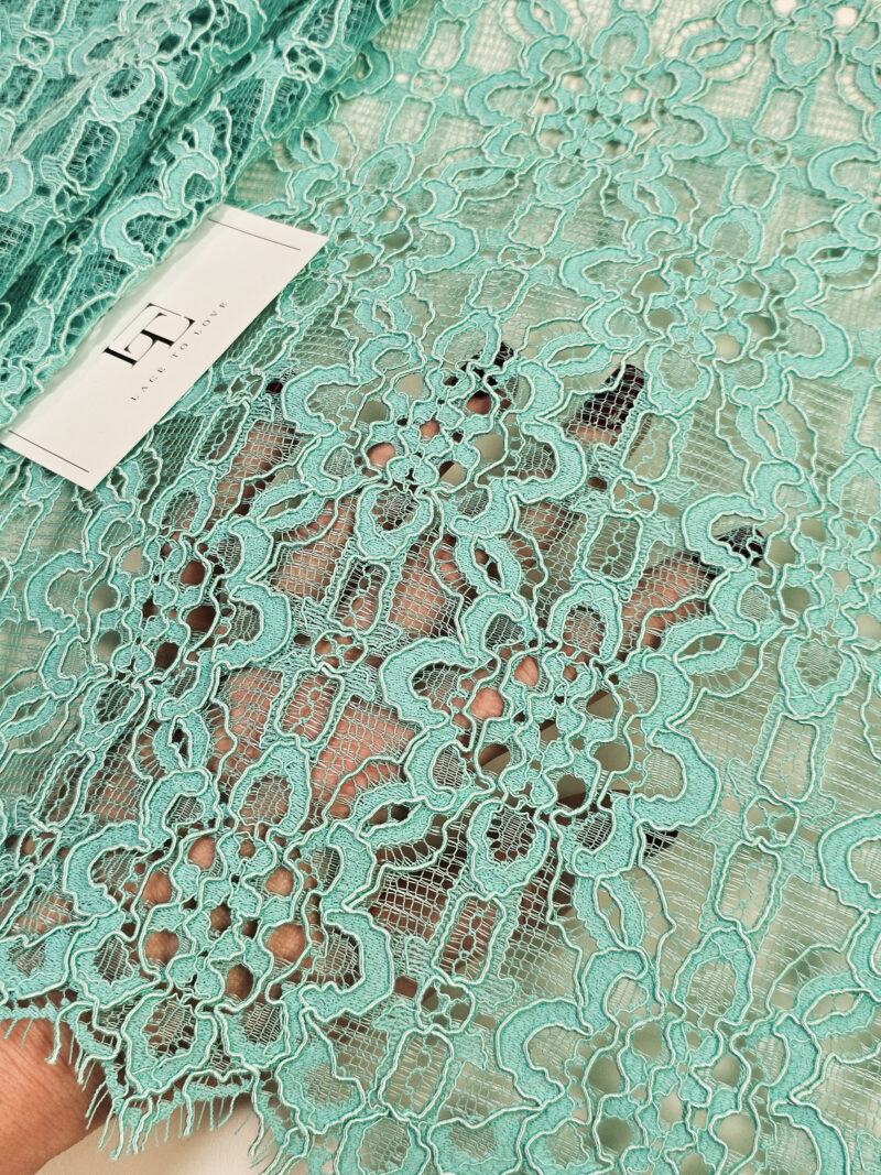 Green mint Spanish Alencon lace fabric buy online by the meter
