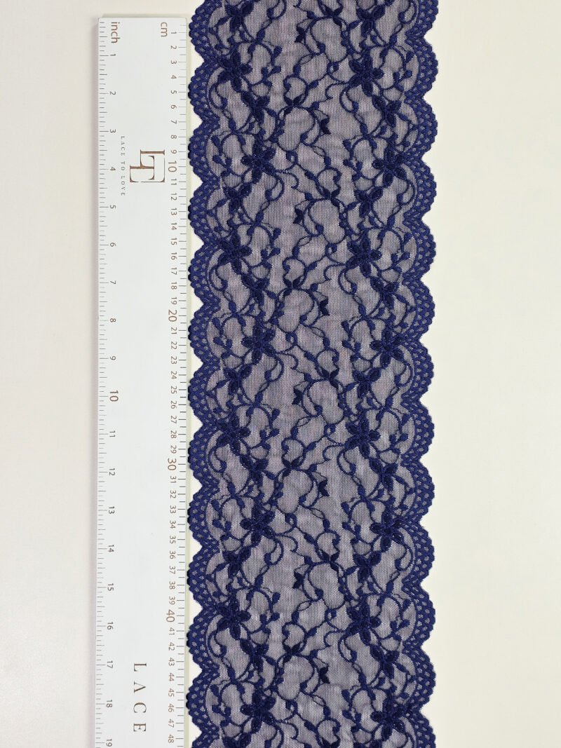 Blue stretch lace trim fabric sold by the meter online shop