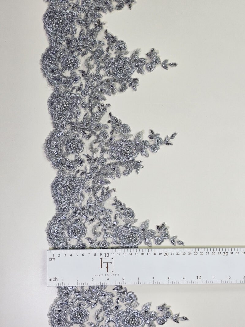 Grey embroidered lace fabric sold by the meter online shop