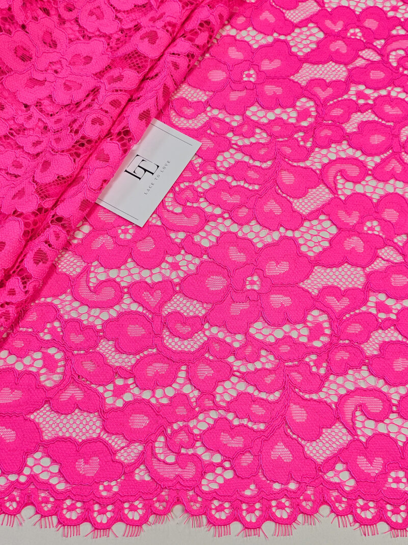 Bright neon pink lace fabric sold by the meter online shop