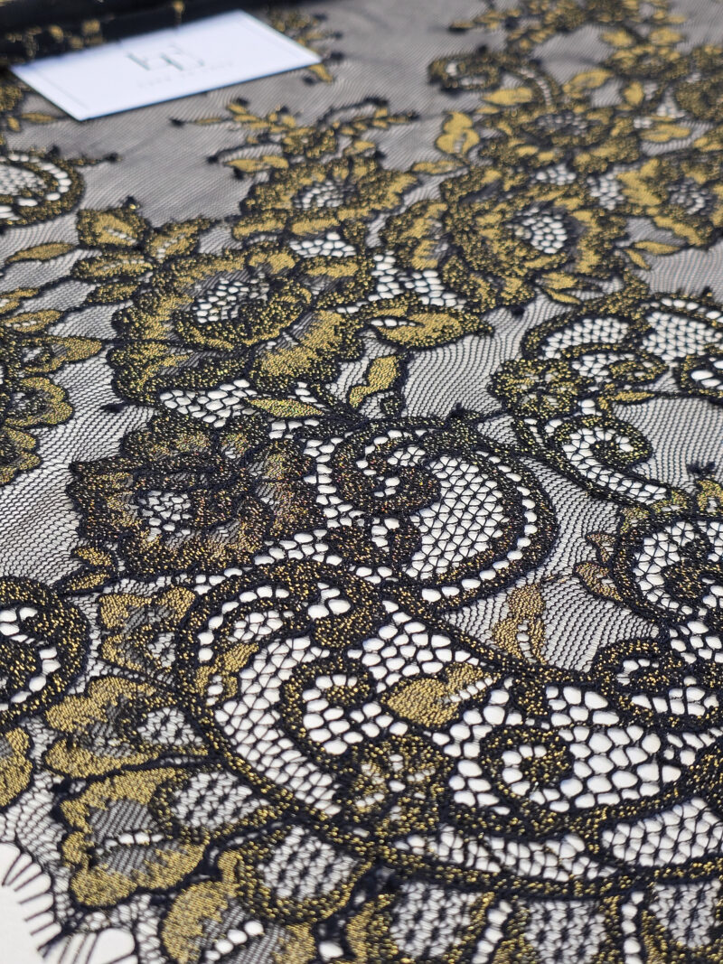 Black gold French Chantilly lace fabric buy online by the meter