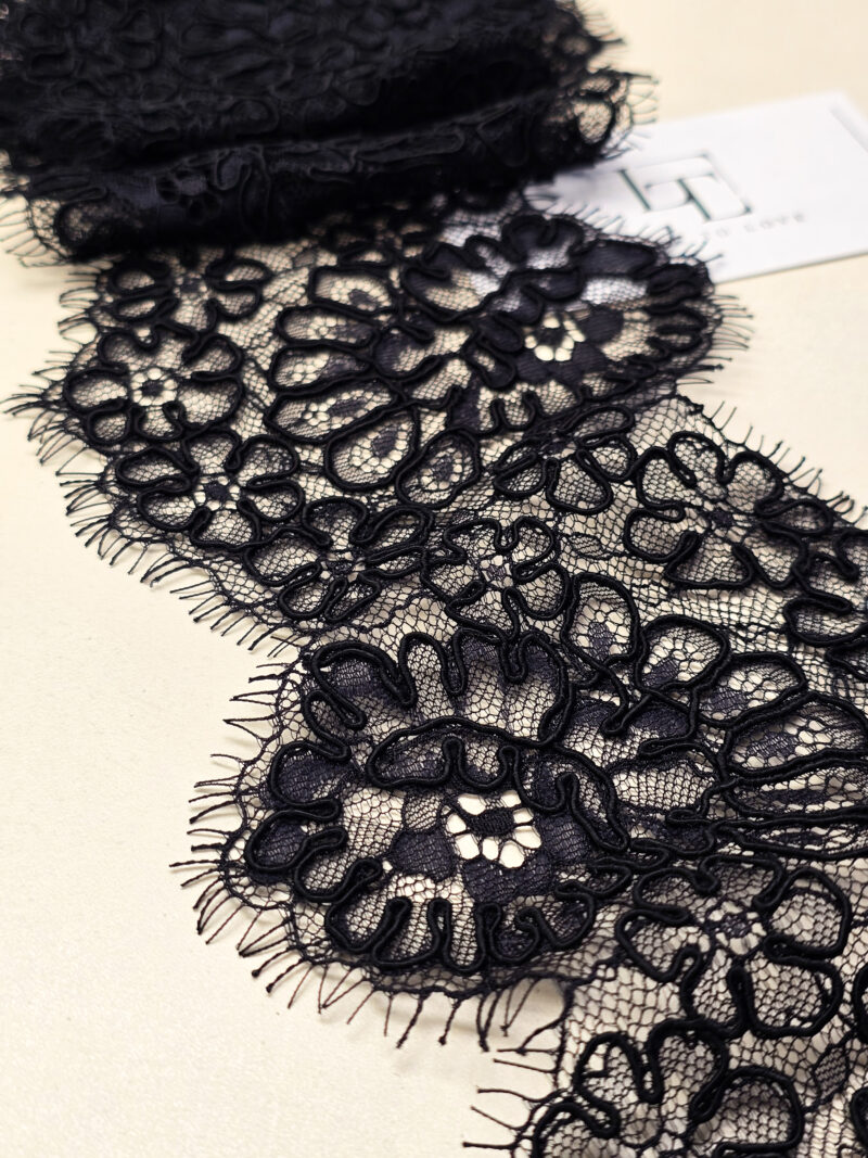 Black French Chantilly lace trimming with cord buy online by the meter