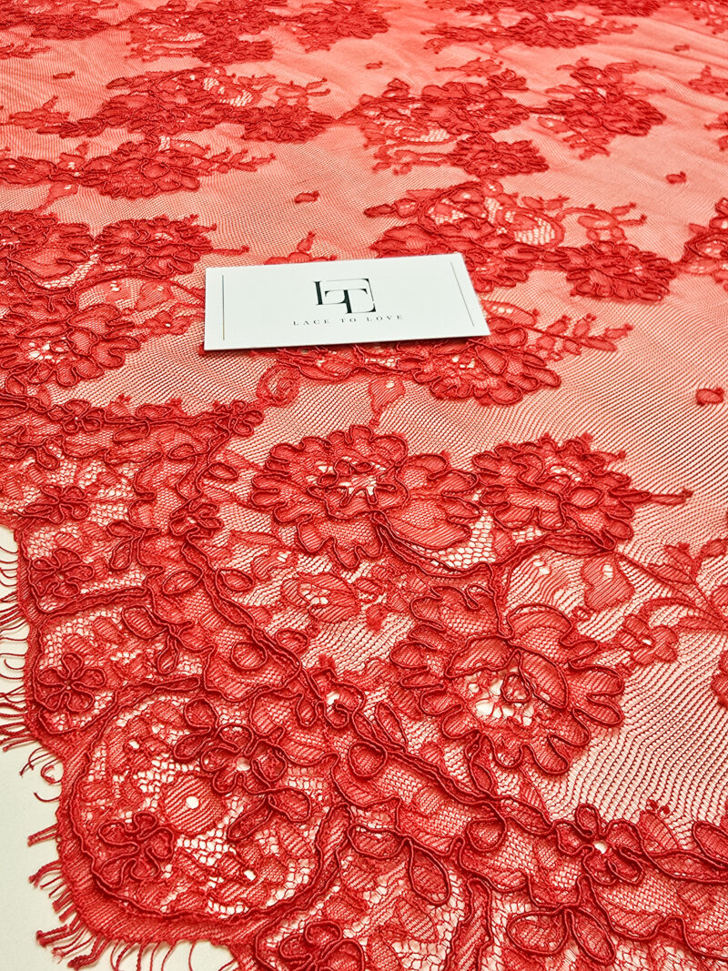 Red French Chantilly bridal lace fabric buy online by the meter