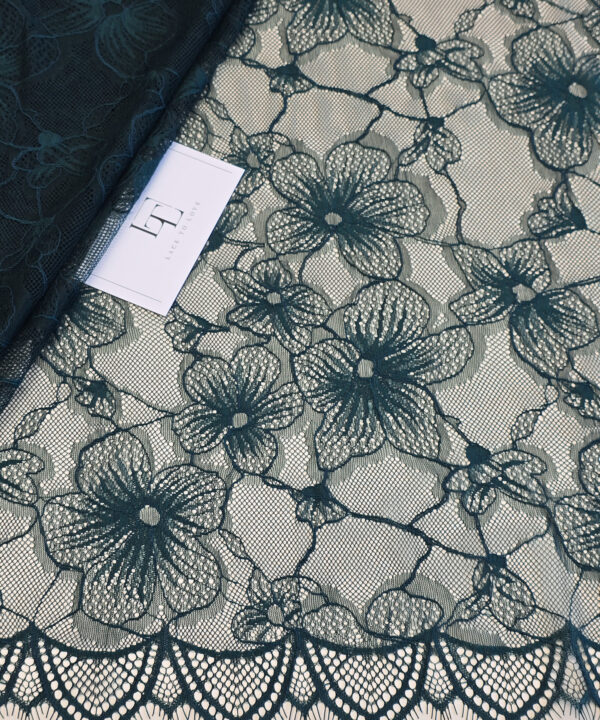 Dark green French Chantilly lace fabric buy online by the meter