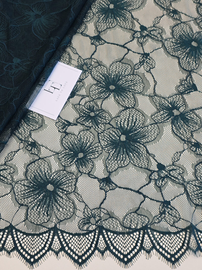 Dark green French Chantilly lace fabric buy online by the meter